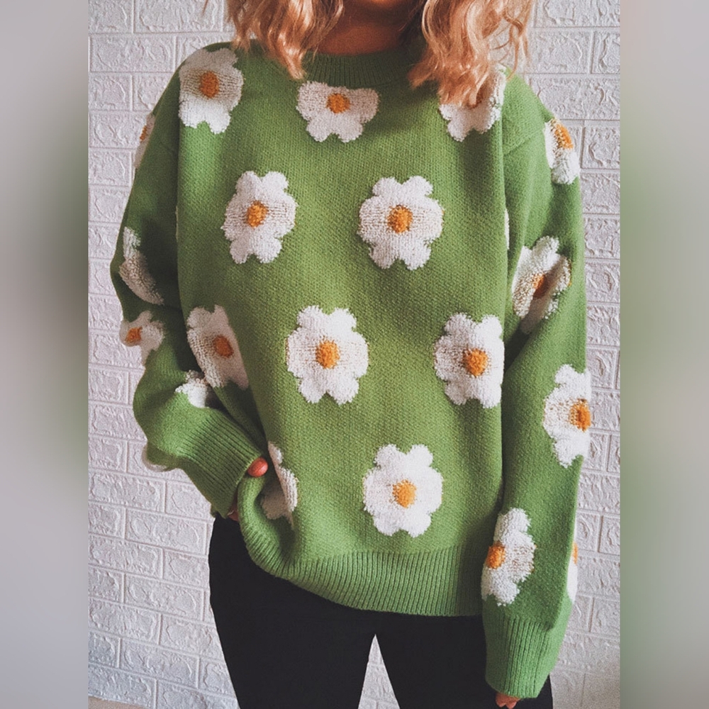 Contrasting Raised Retro Daisy Flower Pullover Long Sleeve Knit Sweater Shirt